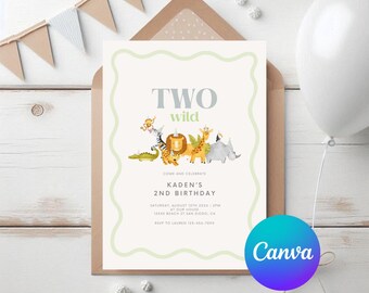 Two Wild Birthday Invitation: Safari Jungle Theme (Editable Canva Template, Digital Download