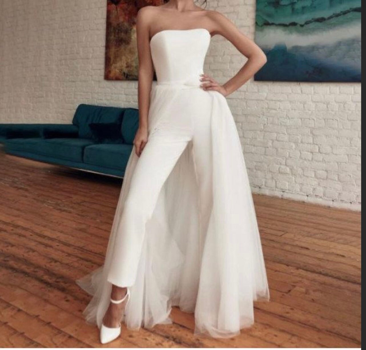 White Jumpsuit With Train Wedding 