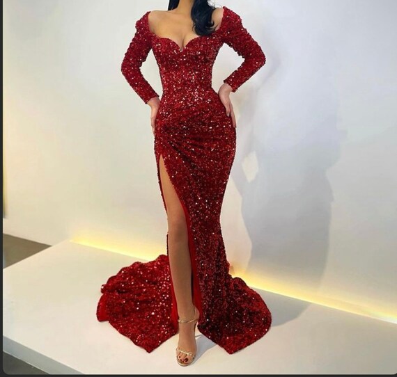 Long Fitted Long Sleeve Sequins Dress 
