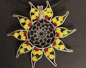 Vintage 90's Artisan Silver Wire Wrapped Yellow Red Beads Sunburst Sunshine Pendant