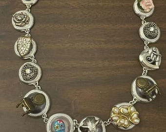 Repurposed Panel Link Necklace: Gold/Pearl Elephant Roses Charms Artisan Created Montage Designer Vintage Goodies ART TO WEAR