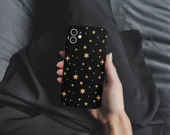 Gold Stars iPhone 16 15 14 13 12 Pro Max Phone Case, Black Gold Tough Case, Glossy or Matte Finish, Protective iPhone Cover, Gift for Friend