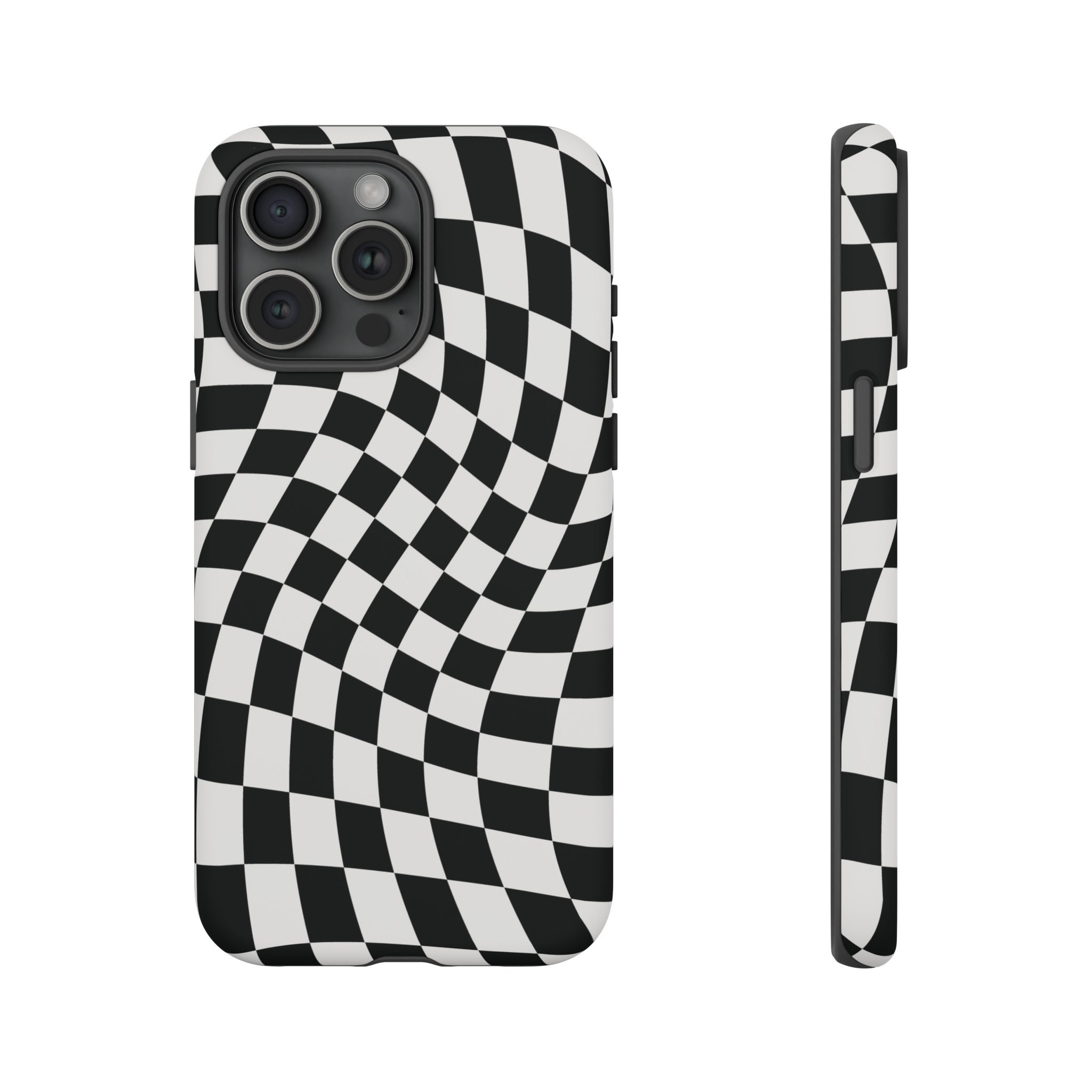 Retro Black Wavy Checkered Tough iPhone Samsung Pixel Phone Case, iPhone 16 15 14 Pro Max, Samsung S24 S23 S21 S20 FE Ultra Checked Pattern