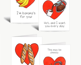 Set of of 4 valentines cards / Food puns / Valentines card