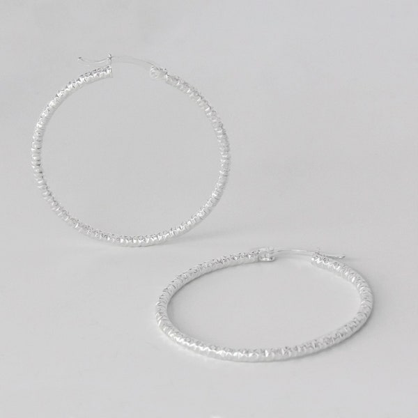 Diamond Cut Silver Hoops Earring Brilho 925 - 2mm X 35 mm (1.4'') - Aretes Diamantados D/CUT Brilho plata 925 (arracada) (candonga) (aros)