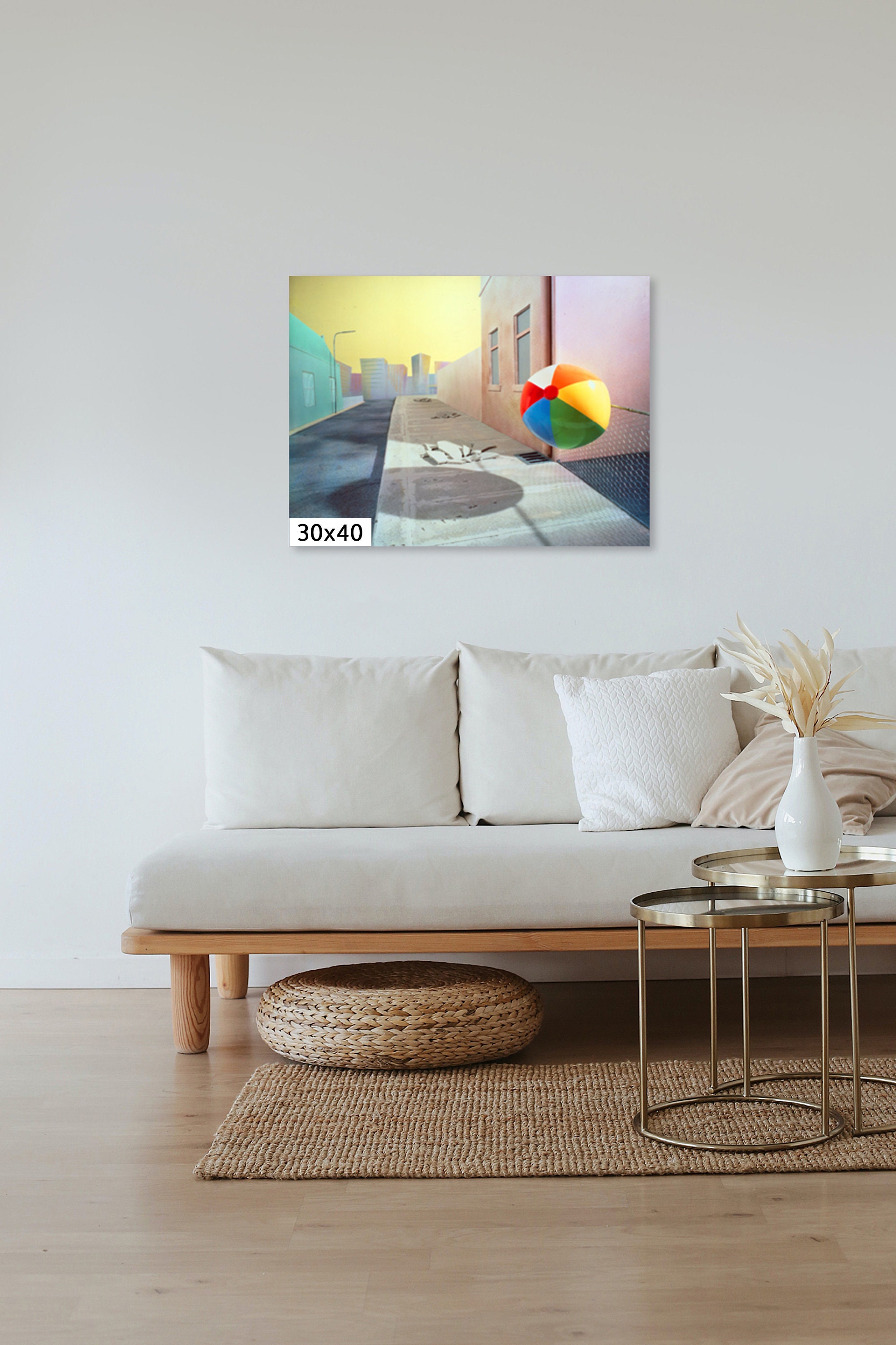Bouncing Beach Ball in a Cartoon City Canvas, Acrylic, Metal, or Paper Color