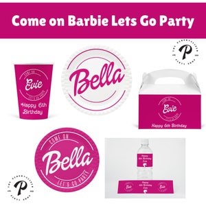 DOLL BARBIE PERSONALISED Come On Barbie Let's Go Party Birthday Items Plate Cup Banner Treat Box Stickers Decorations