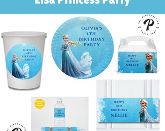 ELSA PRINCESS Theme Personalised Party Table Items: Plates, Cups, Boxes, Bottle Wraps, Placemats, Cutlery/Napkin Wraps, Stickers Frozen Ice