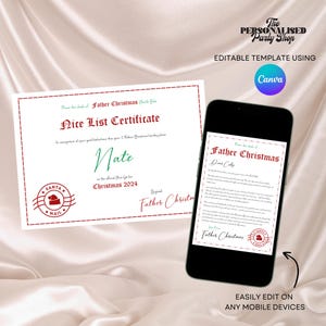 Plantilla de carta y certificado de Papá Noel editables para lista de buenos deseos/imprimibles/descarga digital