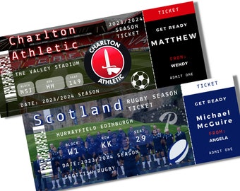 PERSONALISED Season Ticket Sports Football Rugby Cricket Special Present Gift Voucher Christmas Gift Ticket Rugby Ticket Sporting Game Pass