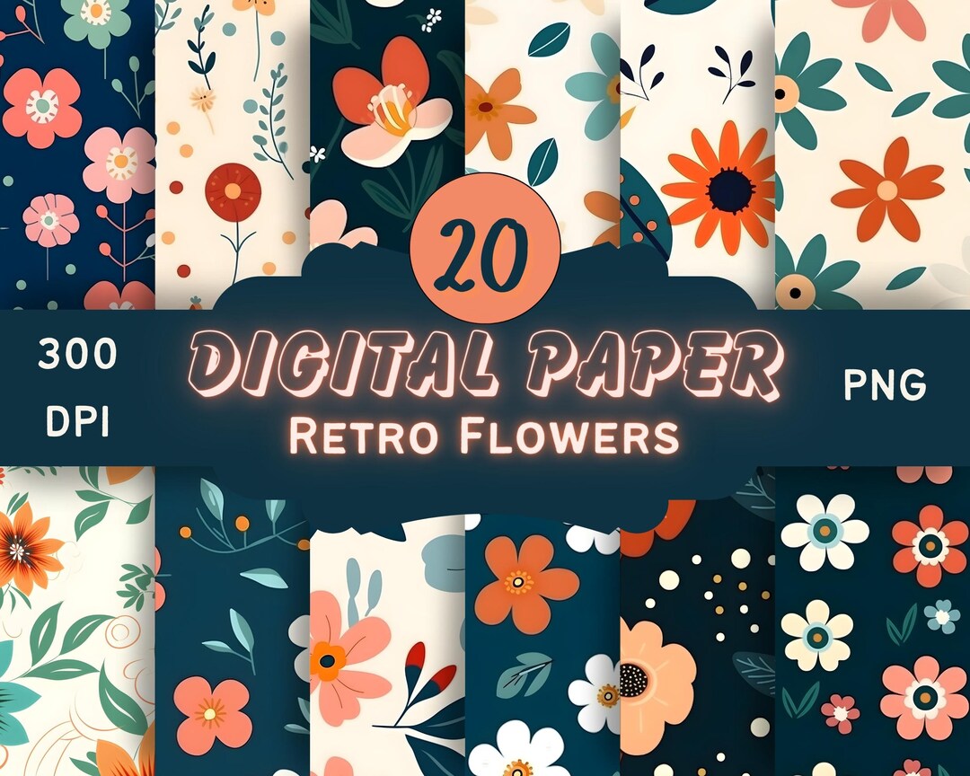 Retro Flowers Seamless Digital Paper Patterns Floral Journal Paper ...