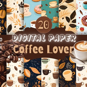 Puede incluir: Un conjunto de papel digital con temática de café. La imagen presenta varios patrones con tazas de café, granos y hojas. El texto de la imagen dice "20 DIGITAL PAPER Coffee Lover 300 DPI PNG".