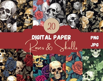 Roses and skulls SEAMLESS DIGITAL PAPERS set Skull Digital Patterns Goth Scrapbook Paper Skull Patterns Black Commercial use