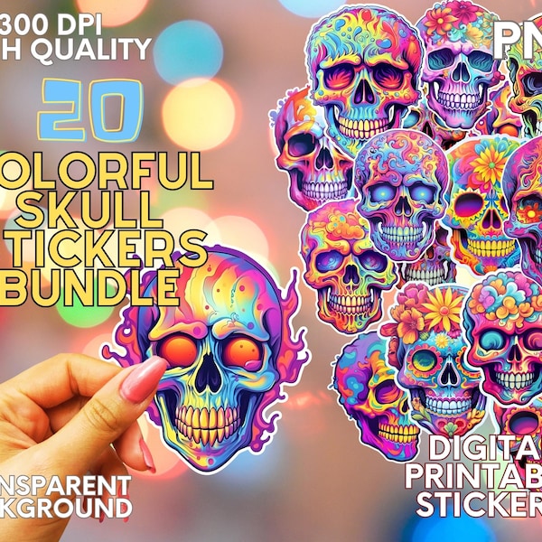 Colorful Skulls Sticker Bundle COMMERCIAL USE instant download printable journal stickers scrapbooking stickers 20 PNG stickers