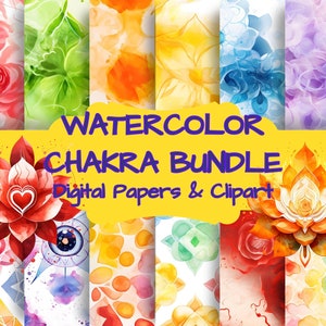May include: Watercolour digital paper and clipart bundle featuring seven chakra colours with lotus flowers, geometric patterns, and mandala designs. The text "WATERCOLOR CHAKRA BUNDLE Digital Papers & Clipart" is displayed on a yellow background.