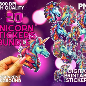 Colorful Unicorn Sticker Bundle COMMERCIAL USE instant download printable journal stickers scrapbooking stickers 20 PNG stickers