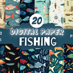 Patrones de papel digital sin costuras para pesca USO COMERCIAL Descarga instantánea Papel para diario de pesca Papel para álbumes de recortes con tema de pesca