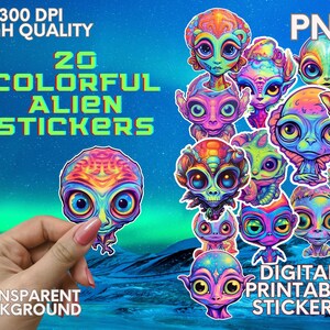 Könnte beinhalten: 20 bunte Alien-Aufkleber mit transparentem Hintergrund. Die Aufkleber sind digital und druckbar. Die Aufkleber zeigen verschiedene Alien-Designs mit leuchtenden Farben und glühenden Augen.