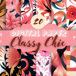 Könnte beinhalten: Ein Set mit 20 digitalen Papieren im PNG-Format, mit einer Vielzahl von floralen und geometrischen Mustern in den Farben Rosa, Orange, Weiß und Schwarz. Die Papiere haben eine Auflösung von 300 DPI und eignen sich perfekt für Bastel-, Scrapbooking- und digitale Designprojekte.