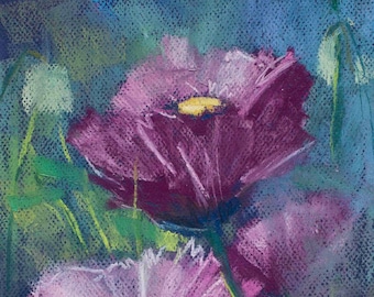 Pastellkreidebild DIN A4 (30 x 21 cm) : Lila Mohnblumen / Purple poppies soft pastels / Coquelicots violets pastels