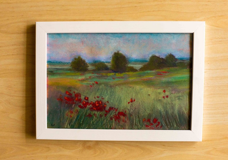 Pastellkreidebild DIN A4 30 x 21 cm: Feld mit Mohnblumen, Soft pastels painting Feld mit Mohnblumen, Pastelle Paysage Champ Coquelicots Bild 4