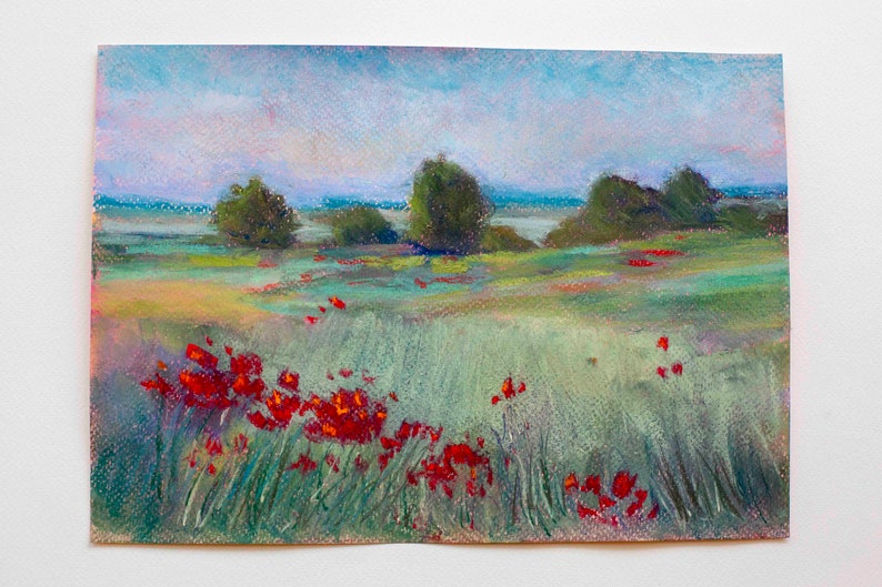 Pastellkreidebild DIN A4 30 x 21 cm: Feld mit Mohnblumen, Soft pastels painting Feld mit Mohnblumen, Pastelle Paysage Champ Coquelicots Bild 3