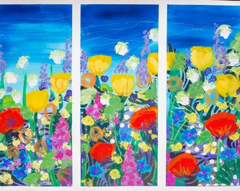 Triptyque - Peinture de fleurs joyeuses colorées 3 en 1 - Format A2