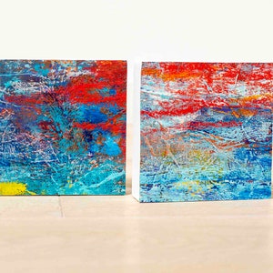Ensemble de 4 peintures de paysages abstraits de 10 x 10 cm chacune Techniques mixtes, toile marouflée sur planches de bois. image 8