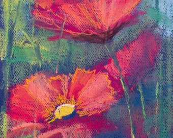 Pastellkreidebild DIN A4 (21x30cm): Rote Mohnblumen / Red poppies soft pastel painting / Coquelicots rouges, pastel