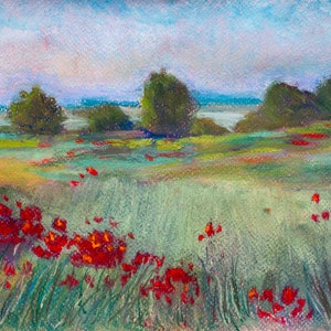 Pastellkreidebild DIN A4 30 x 21 cm: Feld mit Mohnblumen, Soft pastels painting Feld mit Mohnblumen, Pastelle Paysage Champ Coquelicots Bild 1