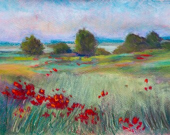 Pastellkreidebild DIN A4 (30 x 21 cm) : Feld mit Mohnblumen, Peinture aux pastels secs Champ de coquelicots, Pastels Paysage Champ Coquelicots