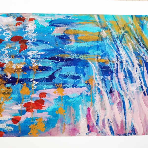 Paysage lac et fleurs Numero 4 - 21x30 cm - Technique mixte sur papier - Sans cadre