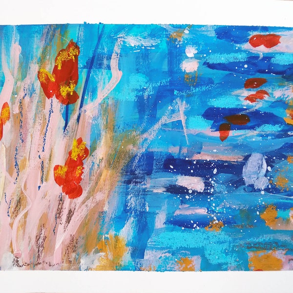 Paysage lac et fleurs Numero 3 - 21x30 cm - Technique mixte sur papier - Sans cadre