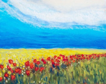 Pastellkreidebild 24x30 cm: Weizenfeld mit Mohnblumen, Soft pastel painting Wheat field and poppies, Paysage pastel Champ de ble coquelicots