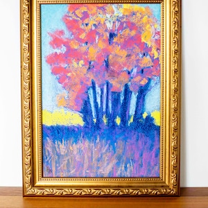 Arbres en automne - 紙に描かれたパステル秒の絵画、21 x 30 cm、幹部なし。