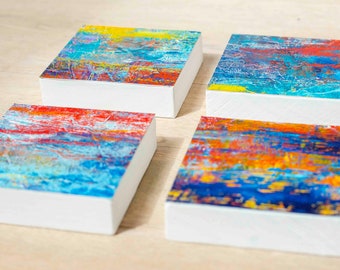 Ensemble de 4 peintures de paysages abstraits de 10 x 10 cm chacune - Techniques mixtes, toile marouflée sur planches de bois.