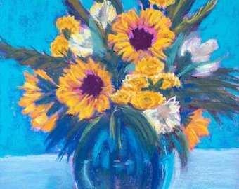 Pastellkreidebild DIN A4 (30 x 21 cm) : Sonnenblumen Strauß - Peinture pastels tendres Bouquet de tournesols - Peinture pastels Bouquet tournesols