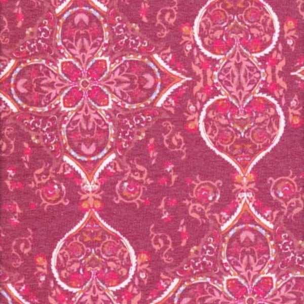 French Terry Knit Fabric - Medallion Print on Berry Pink by the Yard - 58" Width