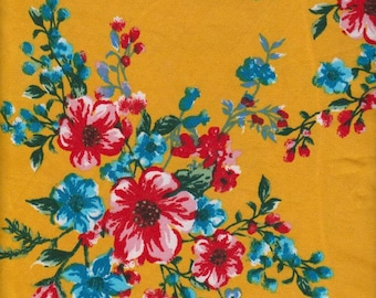 Summer Flowers on Gold Yellow Double Brushed Poly Lycra Stretch Fabric - 58"-60" Wide - Sold by the Yard