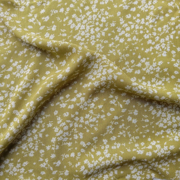 Yellow Rayon Challis Fabric with Ditsy White Floral Print - Light and Airy - 100% Rayon - Sold by the Yard