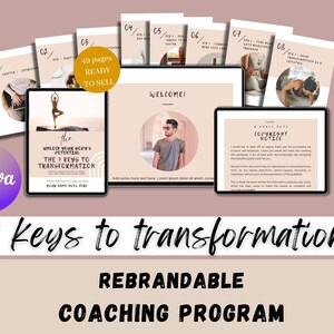 Puede incluir: Un programa de coaching digital con el título "7 Claves para la Transformación" y el texto "Programa de Coaching Revendible". El programa incluye 49 páginas y está listo para venderse. La imagen muestra un libro de trabajo digital con una persona haciendo yoga en la portada.