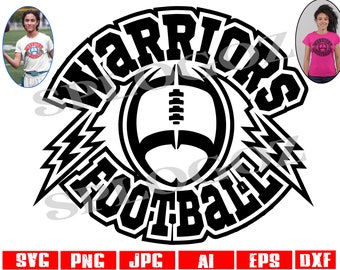 May include: Black and white graphic design featuring a football with lightning bolts and the text "Warriors Football".