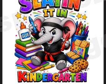 Kindergarten Karate Elephant "slayin it" PNG DTF Transfer Sublimation Design