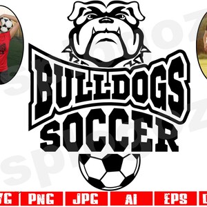 May include: Black and white graphic design featuring a bulldog's head with the text "Bulldogs Soccer" and a soccer ball.