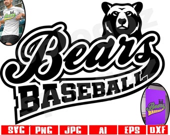 Pode incluir: Design gráfico preto e branco com o texto "Bears Baseball" em uma fonte cursiva em negrito. Uma cabeça de urso preto com olhos brancos e um nariz branco está acima do texto.
