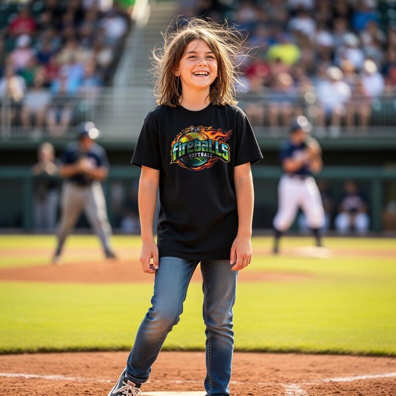 May include: A person wearing a black t-shirt with the words "Fireballs Softball" in a colorful design. The person is wearing blue jeans and standing on a baseball field. The background shows a baseball game in progress.
