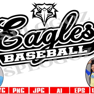 May include: Black and white graphic design of an eagle head with the text "Eagles Baseball" in a bold, curved font.