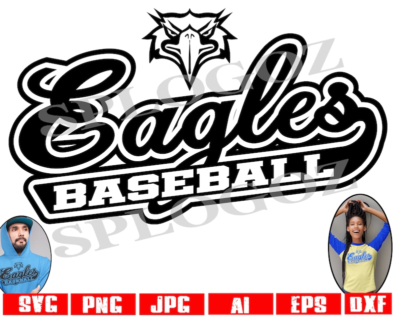 May include: Black and white graphic design of an eagle head with the text "Eagles Baseball" in a bold, curved font.