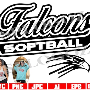 Puede incluir: Diseño gráfico en blanco y negro con el texto "Falcons Softball" y una cabeza de halcón estilizada. El diseño es adecuado para su uso en ropa, letreros u otros materiales promocionales.