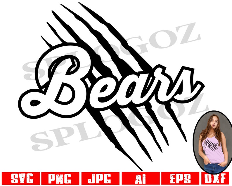 May include: Black and white graphic design of a stylized claw mark with the word "Bears" in a bold, cursive font.